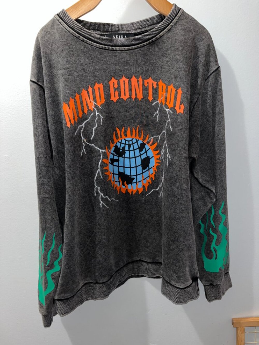 Akira Mind Control Distressed Gray Crewneck Rhinestone Bling Sweatshirt XL Cool